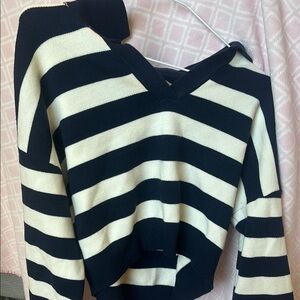 Hippie Rose Blue and White V-Neck Striped Sweater
